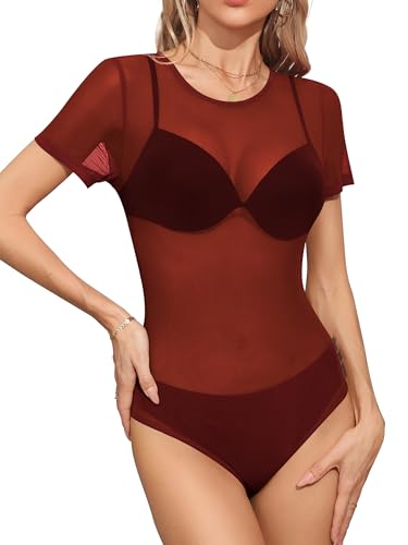 Missufe Damen Netz Figurbetonte Oberteil Bodysuit Mesh Kurzarm Freizeit Leotard Body Tops (Burgunderrot, Groß) von Missufe