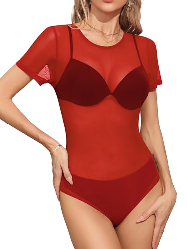 Missufe Damen Netz Figurbetonte Oberteil Bodysuit Mesh Kurzarm Freizeit Leotard Body Tops (Rot, X-Groß) von Missufe