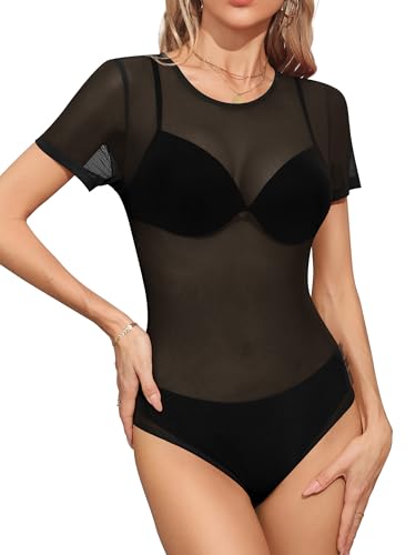 Missufe Damen Netz Figurbetonte Oberteil Bodysuit Mesh Kurzarm Freizeit Leotard Body Tops (Schwarz, Groß) von Missufe