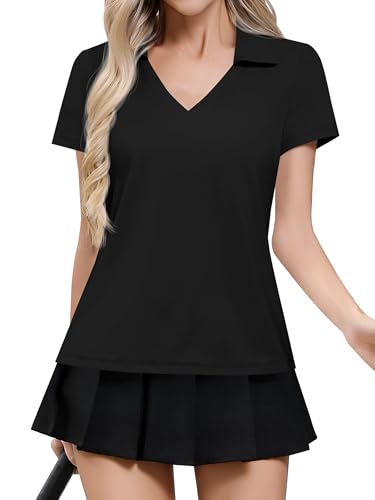 Missufe Damen Poloshirts Kurzarm Sporttop Sommer V-Ausschnitt UPF 50+ Golf Schnelltrocknend Atmungsaktiv Funktionsshirt Laufshirt​ (Schwarz, Small) von Missufe