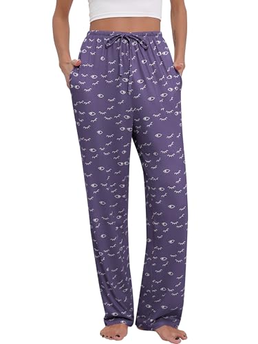 Missufe Damen Pyjamahose Schlafanzughose Lang Bottoms Schlafhose Nachtwäsche Hose mit Taschen (Lila, Medium) von Missufe