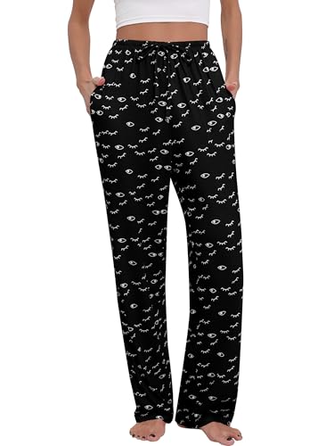 Missufe Damen Pyjamahose Schlafanzughose Lang Bottoms Schlafhose Nachtwäsche Hose mit Taschen (Schwarz, X-Large) von Missufe