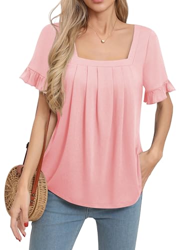 Missufe Damen Rüschen Kurzarm Plissee Sommer Freizeit Locker Tunika T-Shirt Oberteil Tops (Rosa, Mittel) von Missufe