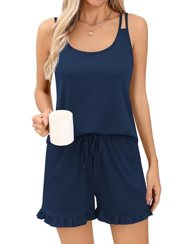 Missufe Damen Schlafanzug Cami Tops und Shorts Pyjama Set Sommer 2 Teiler Outfit mit Taschen (Pfauenblau, X-Groß) von Missufe