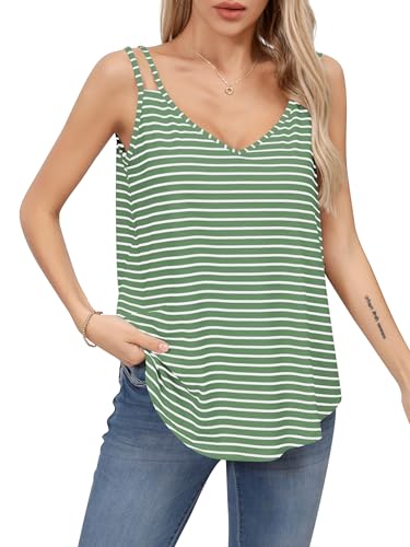 Missufe Damen Sommer Basic V-Ausschnitt Spaghetti Ämellose Gestreift Top Oberteil (Grün, Small) von Missufe