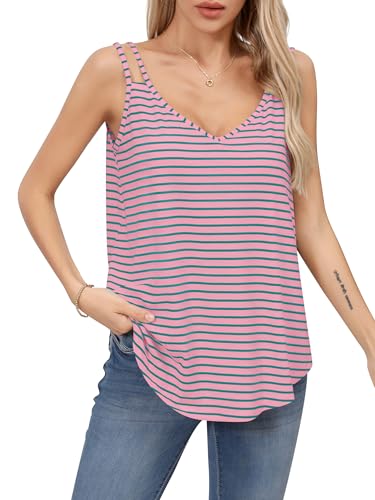 Missufe Damen Sommer Basic V-Ausschnitt Spaghetti Ämellose Gestreift Top Oberteil (Pink, X-Large) von Missufe