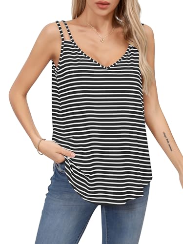 Missufe Damen Sommer Basic V-Ausschnitt Spaghetti Ämellose Gestreift Top Oberteil (Schwarz, Small) von Missufe