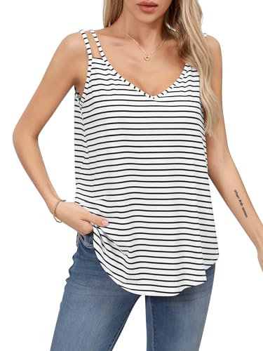 Missufe Damen Sommer Basic V-Ausschnitt Spaghetti Ämellose Gestreift Top Oberteil (Weiß, Small) von Missufe