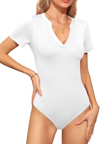 Missufe Damen Sommer Body V-Ausschnitt Kurzarm Figurbetonte Freizeit T-Shirt Bodysuit Tops (Weiß, Mittel) von Missufe