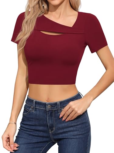 Missufe Damen Sommer Crop Tops Oberteil Basic T Shirt Kurzarm Stricktop mit Ausschnitten (Burgunderrot, groß) von Missufe