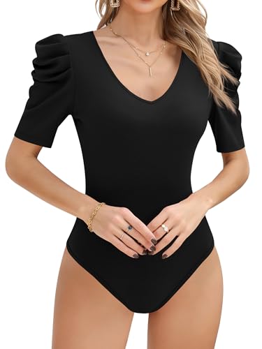 Missufe Damen Sommer Elegant Body Stricktop Kurzarm V-Ausschnitt Puffärmel Oberteil T Shirt Tops (Schwarz, X-Small) von Missufe