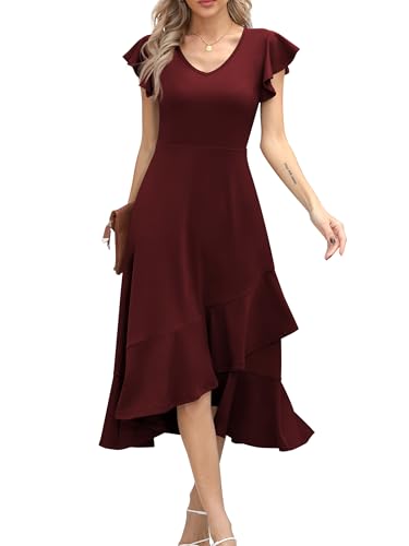 Missufe Damen Sommer Freizeit Rüschen Wickelkleid Swing Midikleid Flatterärmel V-Ausschnitt A-Linie Kleider (Burgunderrot, X-Groß) von Missufe