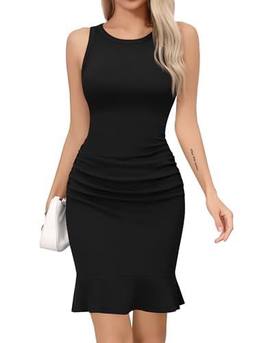 Missufe Damen Sommer Freizeitkleid Bodycon Rundhals Ärmellos Figurbetonte Strickkleid Tank Kleid (Schwarz, X-Groß) von Missufe