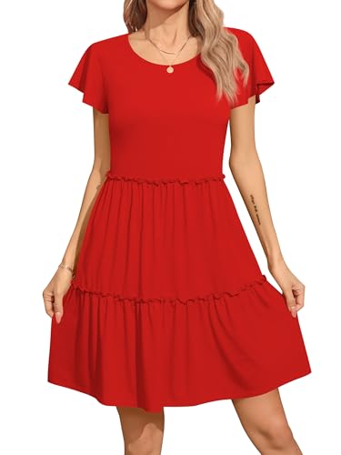 Missufe Damen Sommer Freizeitkleider Babydoll Flatterärmel Rundhals Gestuftes Strandkleid A-Linien Swing Kleid (Großes Rot, Groß) von Missufe