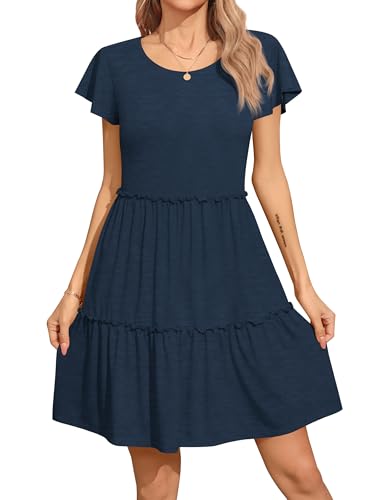 Missufe Damen Sommer Freizeitkleider Babydoll Flatterärmel Rundhals Gestuftes Strandkleid A-Linien Swing Kleid (Navy Blau, X-Groß) von Missufe