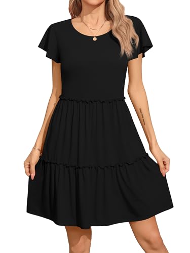 Missufe Damen Sommer Freizeitkleider Babydoll Flatterärmel Rundhals Gestuftes Strandkleid A-Linien Swing Kleid (Schwarz, Klein) von Missufe