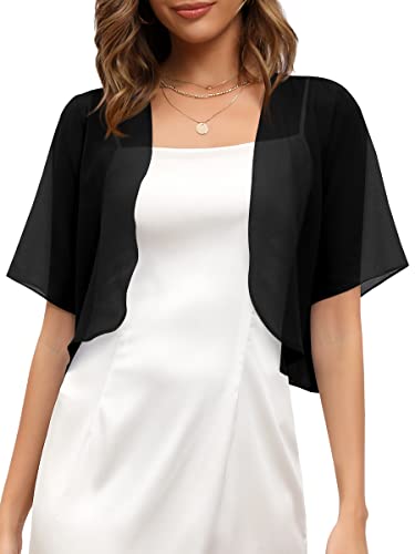 Missufe Damen Sommer Kurzarm Cropped Shrugs Sheer Leicht Chiffon Bolero Cardigans, Schwarz, Mittel von Missufe