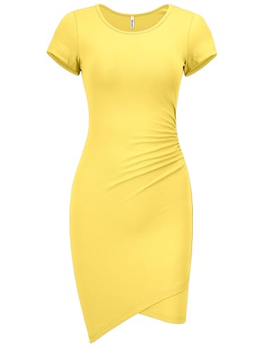 Missufe Damen Sommer Kurzarm Tailliert Gerafft Bodycon Unregelmäßiges Mini Etuikleid, gelb, XX-Large Missufe Damen Sommer Kurzarm Tailliert Gerafft Bodycon Unregelmäßiges Mini Etuikleid, gelb, XX-Large von Missufe