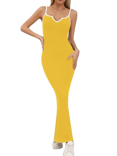 Missufe Damen Sommer Maxikleid Bodycon Freizeitkleider Spaghettiträger Ärmellos Figurbetontes Slip Kleid (Gelb, Groß) von Missufe