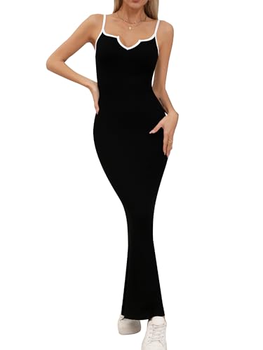 Missufe Damen Sommer Maxikleid Bodycon Freizeitkleider Spaghettiträger Ärmellos Figurbetontes Slip Kleid (Schwarz, X-Groß) von Missufe