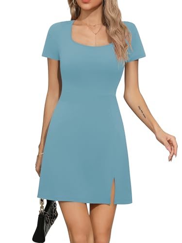 Missufe Damen Sommer Partykleid Quadratischer Ausschnitt Kurzarm Figurbetontes A-Linie Schlitz Kurzes Kleider (Hellblau, Mittel) von Missufe