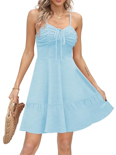 Missufe Damen Sommer Spaghettiträger Ärmellos Kordelzug Rüschen Swing Kurz Freizeitkleid (Himmelblau, Groß) von Missufe