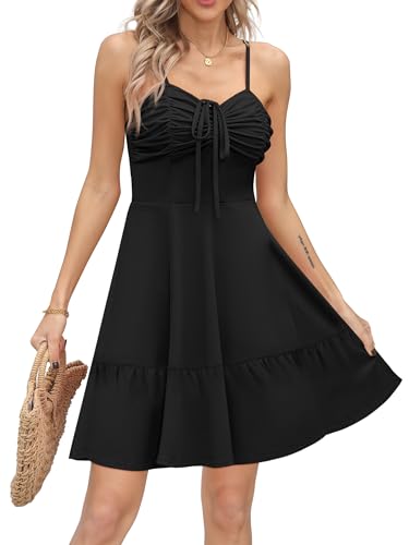 Missufe Damen Sommer Spaghettiträger Ärmellos Kordelzug Rüschen Swing Kurz Freizeitkleid (Schwarz, Mittel) von Missufe