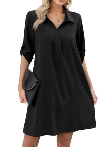 Missufe Damen Sommer Tunika V-Ausschnitt Blusenkleid 3/4 Ärmel Hemdkleid Kurz Freizeitkleider (Schwarz, Klein) von Missufe