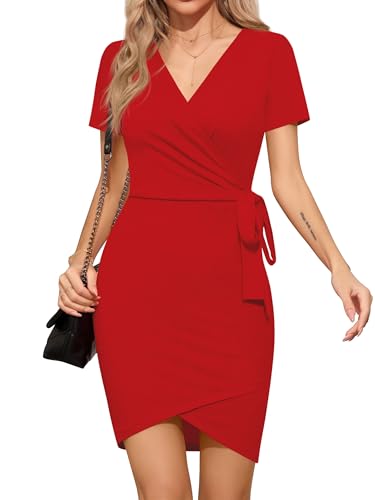 Missufe Damen Sommer V Ausschnitt Wickelkleid Tie Kurzarm Figurbetont Freizeitkleid (Großes Rot, Groß) von Missufe