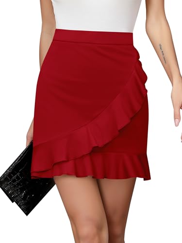 Missufe Damen Sommer Wickelrock Hohe Taille Rüschen Elastische Mini Kurz Rock (Rot, XX-groß) von Missufe