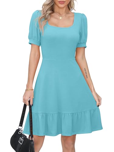 Missufe Damen Sommerkleid A Linien Skaterkleid Rüschenkleid Puffärmel Kurzarm Swing Freizeitkleider (Hellblau, Large) von Missufe