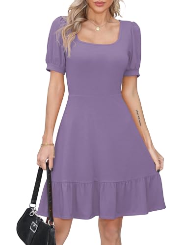 Missufe Damen Sommerkleid A Linien Skaterkleid Rüschenkleid Puffärmel Kurzarm Swing Freizeitkleider (Lila, Mittel) von Missufe