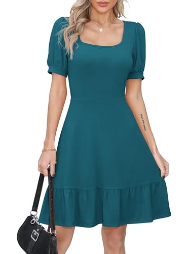Missufe Damen Sommerkleid A Linien Skaterkleid Rüschenkleid Puffärmel Kurzarm Swing Freizeitkleider (Pfauenblau, Medium) von Missufe