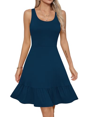 Missufe Damen Sommerkleid A Linien Skaterkleid Rüschenkleid Swing Ärmellos Racerback Freizeitkleider (Pfauenblau, Small) von Missufe