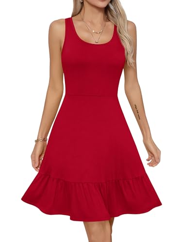 Missufe Damen Sommerkleid A Linien Skaterkleid Rüschenkleid Swing Ärmellos Racerback Freizeitkleider (Rot, Medium) von Missufe