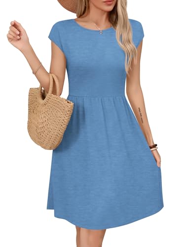 Missufe Damen Sommerkleid A Linien Swing Knielang Skaterkleid Freizeitkleider mit Taschen (Himmelblau, Medium) von Missufe