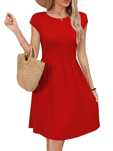 Missufe Damen Sommerkleid A Linien Swing Knielang Skaterkleid Freizeitkleider mit Taschen (Rot, X-Large) von Missufe