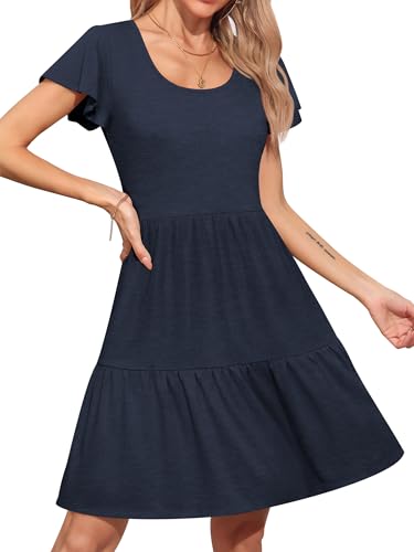 Missufe Damen Sommerkleid A Linien Swing Skaterkleid Babydoll Kurzarm Rüschenkleid Freizeitkleider(Marineblau, XL) von Missufe