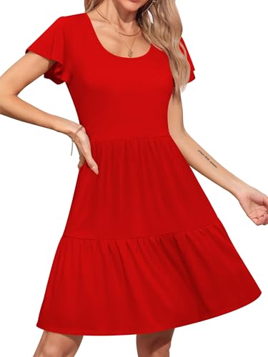 Missufe Damen Sommerkleid A Linien Swing Skaterkleid Babydoll Kurzarm Rüschenkleid Freizeitkleider (Rot, Medium) von Missufe