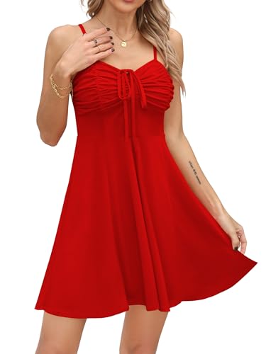 Missufe Damen Sommerkleid A Linien Swing Spaghettiträgerkleid Minikleid Lässiges Cami Kordelzug Gerafft Kleider (hellrot, groß) von Missufe