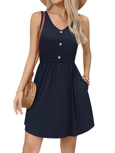 Missufe Damen Sommerkleid A Linien Swing V-Ausschnitt Ärmellos Knopfleiste Freizeitkleid mit Taschen (Dunkel Blau, XL) von Missufe