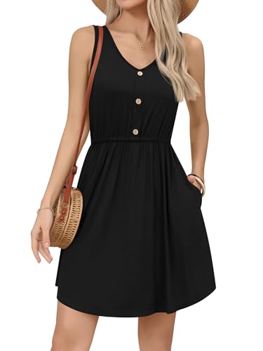 Missufe Damen Sommerkleid A Linien Swing V-Ausschnitt Ärmellos Knopfleiste Freizeitkleid mit Taschen (Schwarz, X-Large) von Missufe