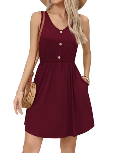 Missufe Damen Sommerkleid A Linien Swing V-Ausschnitt Ärmellos Knopfleiste Freizeitkleid mit Taschen (Weinrot, XL) von Missufe