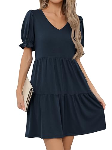 Missufe Damen Sommerkleid A Linien V-Ausschnitt Babydoll Skaterkleid Rüschenkleid Puffärmel Kurzarm Swing Freizeitkleider (Pfauenblau, Medium) von Missufe