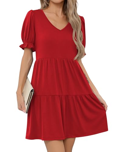 Missufe Damen Sommerkleid A Linien V-Ausschnitt Babydoll Skaterkleid Rüschenkleid Puffärmel Kurzarm Swing Freizeitkleider (Rot, Small) von Missufe