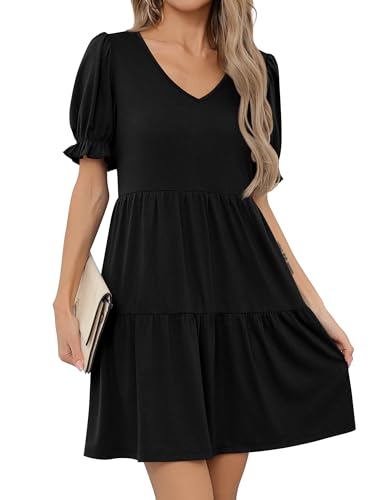 Missufe Damen Sommerkleid A Linien V-Ausschnitt Babydoll Skaterkleid Rüschenkleid Puffärmel Kurzarm Swing Freizeitkleider (Schwarz, Large) von Missufe