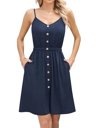 Missufe Damen Sommerkleid Ärmellos Spaghetti Träger V-Ausschnitt Swing Knopf Freizeitkleid mit Taschen (Dunkelblau, Klein) von Missufe