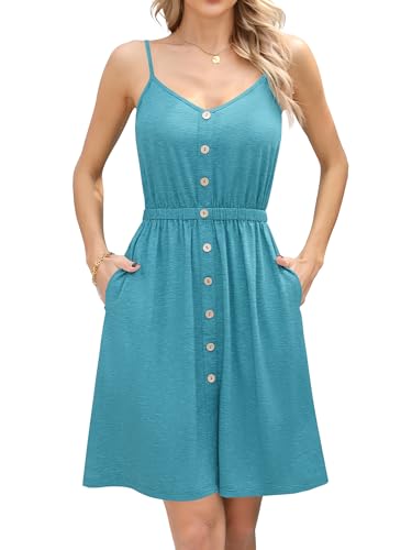 Missufe Damen Sommerkleid Ärmellos Spaghetti Träger V-Ausschnitt Swing Knopf Freizeitkleid mit Taschen (Hellblau, X-Groß) von Missufe