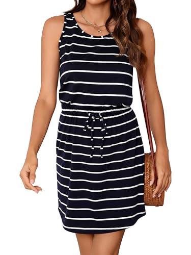 Missufe Damen Sommerkleid Freizeit Elastische Taille Kordelzugkleid 2025 Strandkleid Ärmellos Tank Kurzes Kleid (Navy Blau, Klein) von Missufe