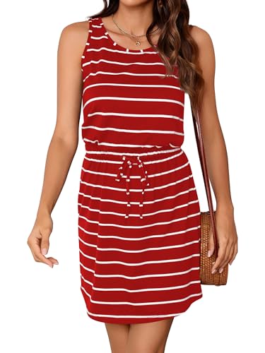 Missufe Damen Sommerkleid Freizeit Elastische Taille Kordelzugkleid 2025 Strandkleid Ärmellos Tank Kurzes Kleid (Rot, Groß) von Missufe